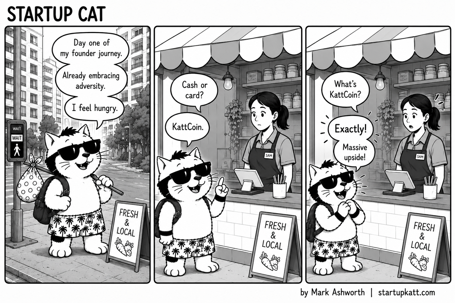 On day one of his founder journey, a hungry, homeless Startup Cat carries a bundle on a stick to a fresh-and-local market stall and offers to pay in KattCoin. When the vendor, Sam, asks what KattCoin is, he treats nobody having heard of it as proof of massive upside.