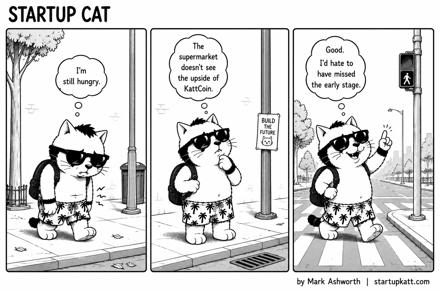 Three-panel Startup Cat strip continuing the KattCoin arc. Panel 1: Startup Cat walks away from the supermarket with his backpack, thinking "I'm still hungry." Panel 2: He pauses by a lamppost with a "BUILD THE FUTURE" poster, thinking "The supermarket doesn't see the upside of KattCoin." Panel 3: Crossing the road at a pedestrian crossing, he raises a triumphant finger and thinks "Good. I'd hate to have missed the early stage."