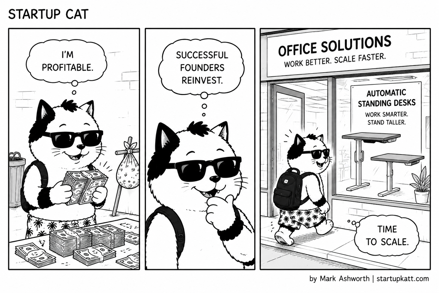 Three-panel Startup Cat strip. In panel one Startup Cat stands over a table piled with stacks of cash, his bundle on a stick propped beside a bin, counting a wad and thinking I'm profitable. In panel two, a paw to his chin, he thinks successful founders reinvest. In panel three he walks into a shopfront reading Office Solutions, Work Better, Scale Faster, past a window advertising Automatic Standing Desks, Work Smarter, Stand Taller, thinking time to scale.
