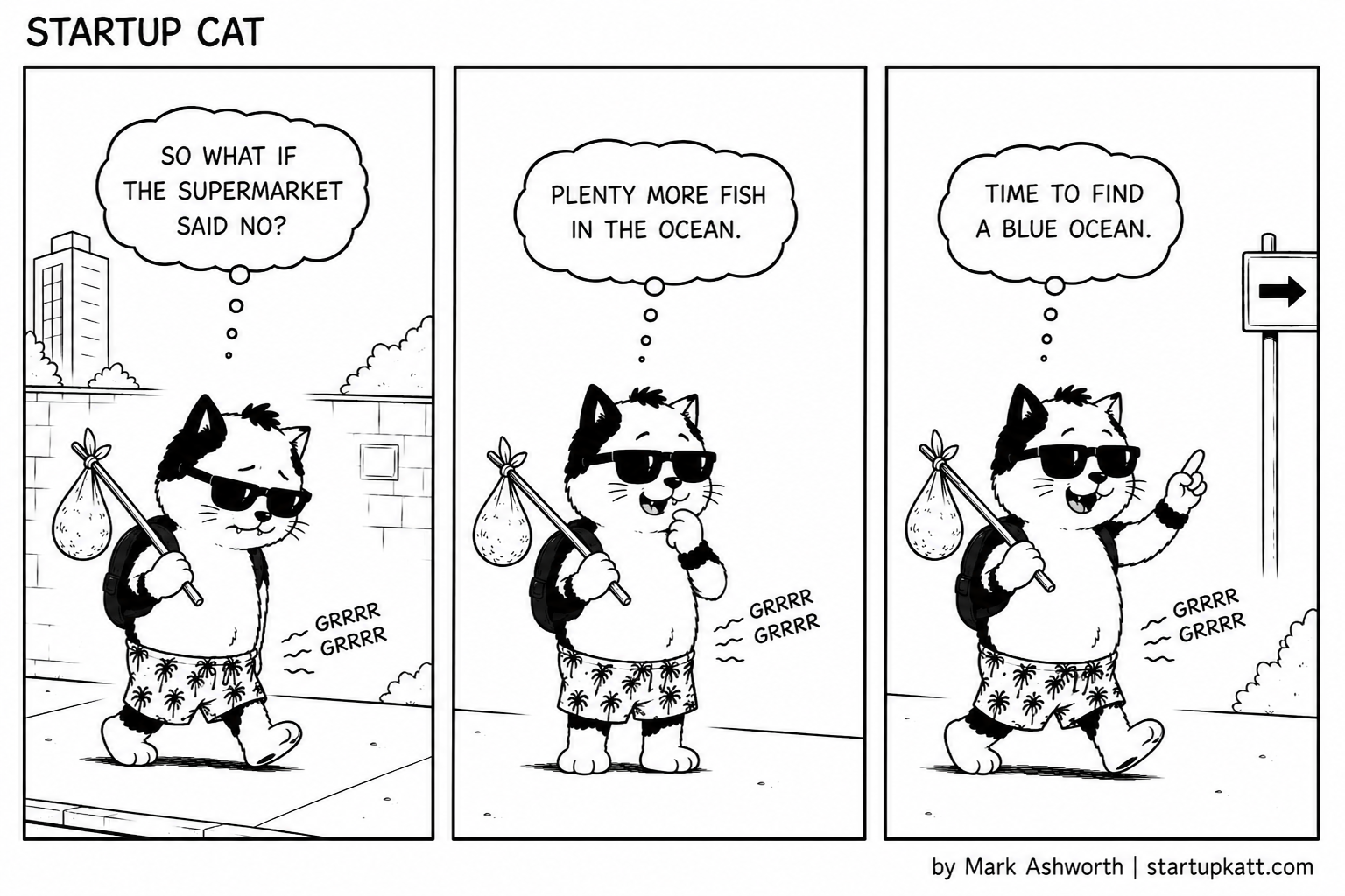 Three-panel Startup Cat strip. Startup Cat walks away from the supermarket along a city street, carrying a bundle on a stick, his empty stomach growling. In panel one he thinks: so what if the supermarket said no. In panel two he pauses, paw to his chin, and thinks there are plenty more fish in the ocean. In panel three he walks on past a sign with an arrow, raises a finger, and decides it is time to find a blue ocean.