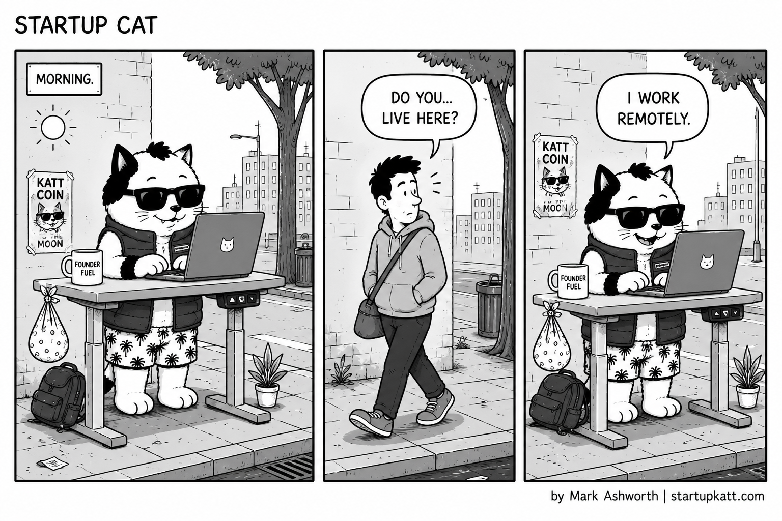 Three-panel Startup Cat strip. In panel one it is morning on a city pavement; Startup Cat, in a puffer vest, types at his standing desk set up outdoors with a Founder Fuel mug, his backpack and bundle underneath and a KattCoin to the Moon poster on the wall behind him. In panel two a man with a satchel walks past and asks, do you... live here? In panel three Startup Cat, still typing at the pavement desk, smiles and answers, I work remotely.